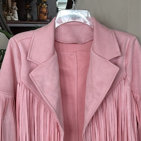 NWOT Pink Fringe Jacket Faux Suede Cropped Western Moto Tassel Cowgirl Pastel - Picture 2 of 14